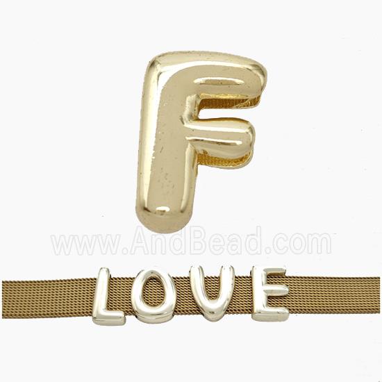 Copper Watchband Beads Letter-F Flat Hole Gold Plated