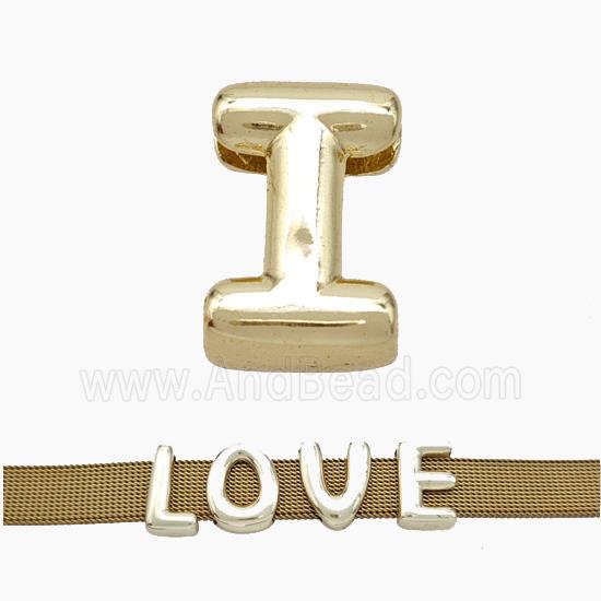 Copper Watchband Beads Letter-I Flat Hole Gold Plated