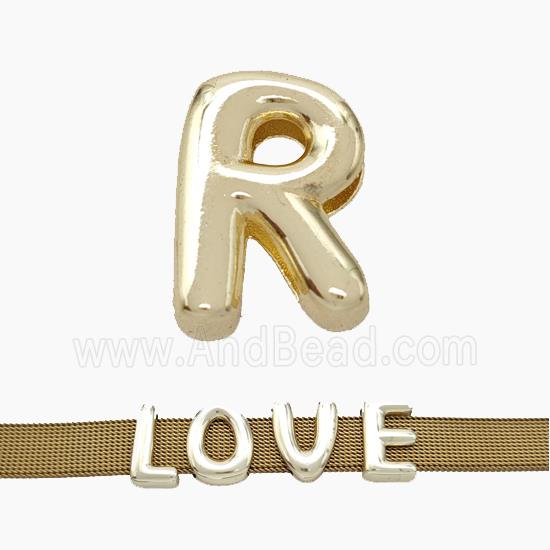 Copper Watchband Beads Letter-R Flat Hole Gold Plated