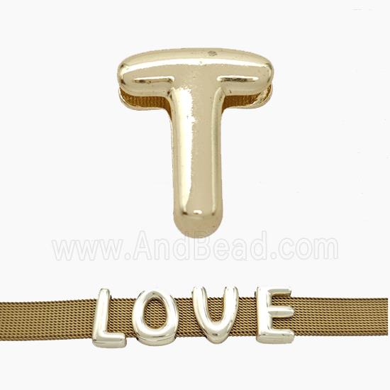Copper Watchband Beads Letter-T Flat Hole Gold Plated