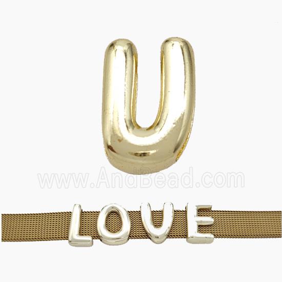 Copper Watchband Beads Letter-U Flat Hole Gold Plated