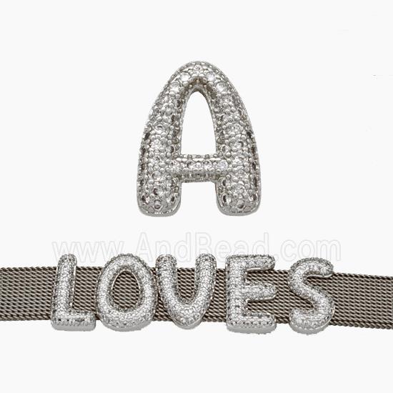 Copper Watchband Beads Pave Zirconia Letter-A Flat Hole Platinum Plated