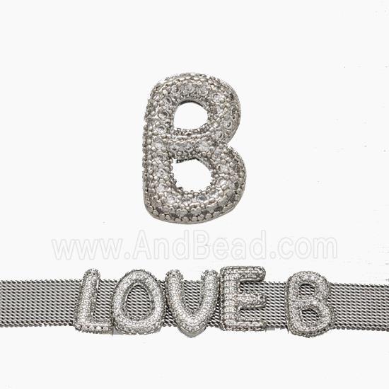Copper Watchband Beads Pave Zirconia Letter-B Flat Hole Platinum Plated