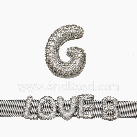 Copper Watchband Beads Pave Zirconia Letter-G Flat Hole Platinum Plated