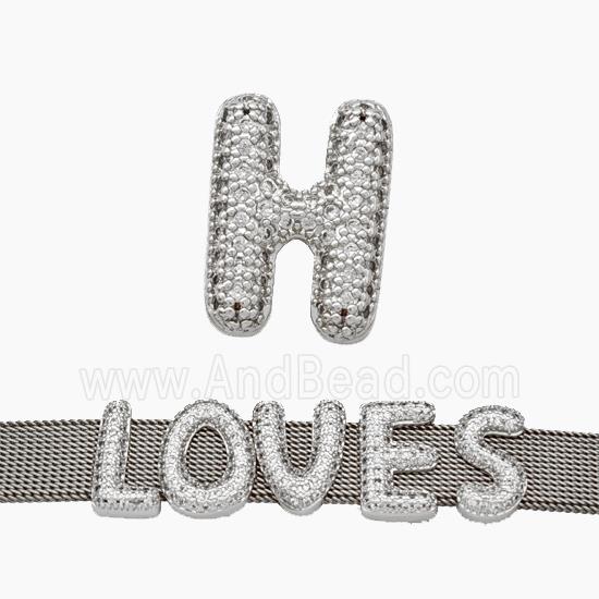 Copper Watchband Beads Pave Zirconia Letter-H Flat Hole Platinum Plated
