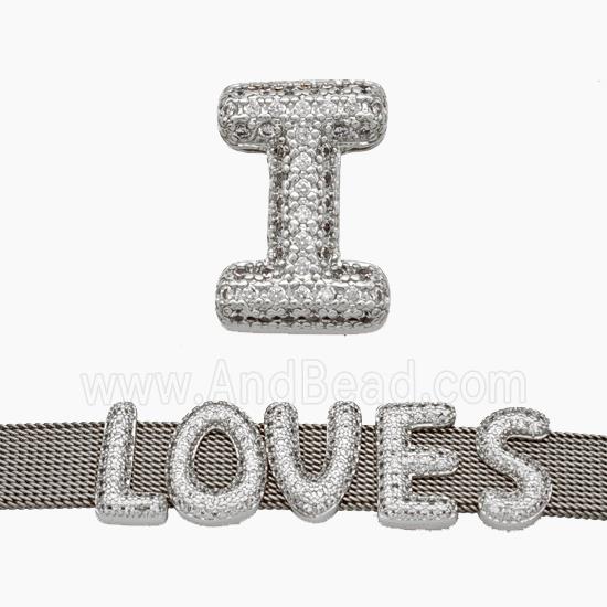 Copper Watchband Beads Pave Zirconia Letter-I Flat Hole Platinum Plated