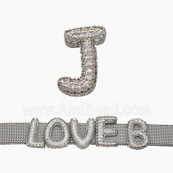 Copper Watchband Beads Pave Zirconia Letter-J Flat Hole Platinum Plated