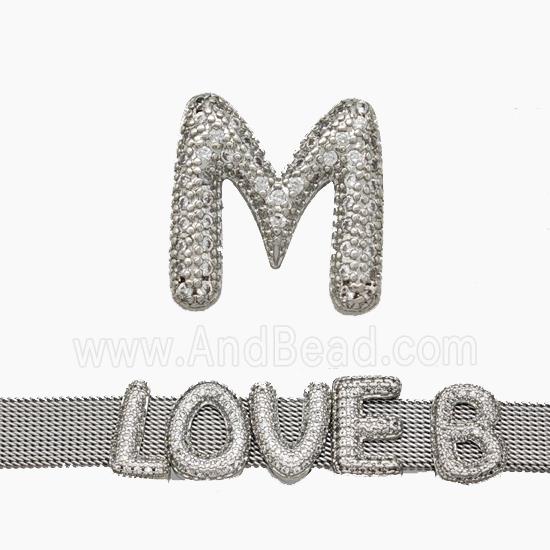 Copper Watchband Beads Pave Zirconia Letter-M Flat Hole Platinum Plated