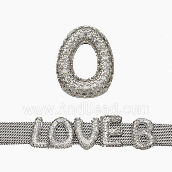 Copper Watchband Beads Pave Zirconia Letter-O Flat Hole Platinum Plated