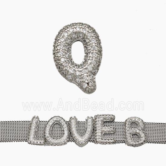 Copper Watchband Beads Pave Zirconia Letter-Q Flat Hole Platinum Plated