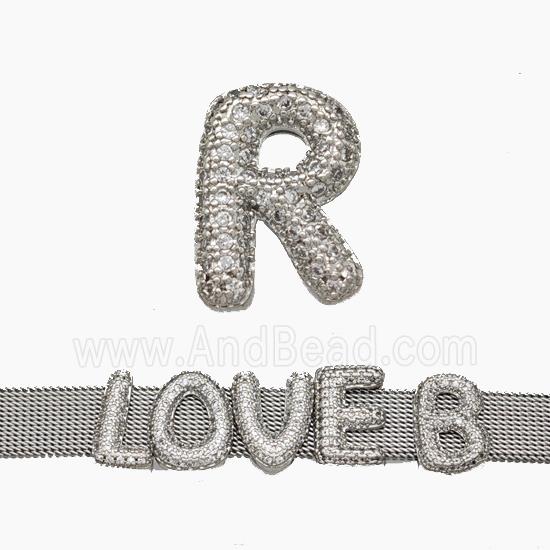 Copper Watchband Beads Pave Zirconia Letter-R Flat Hole Platinum Plated
