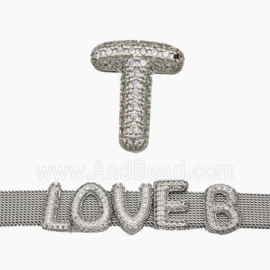 Copper Watchband Beads Pave Zirconia Letter-T Flat Hole Platinum Plated