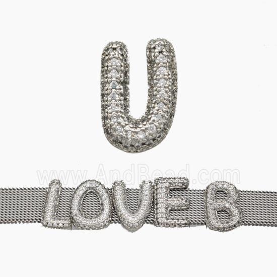 Copper Watchband Beads Pave Zirconia Letter-U Flat Hole Platinum Plated