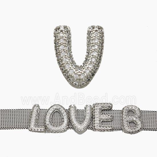 Copper Watchband Beads Pave Zirconia Letter-V Flat Hole Platinum Plated