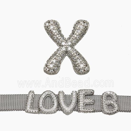 Copper Watchband Beads Pave Zirconia Letter-X Flat Hole Platinum Plated