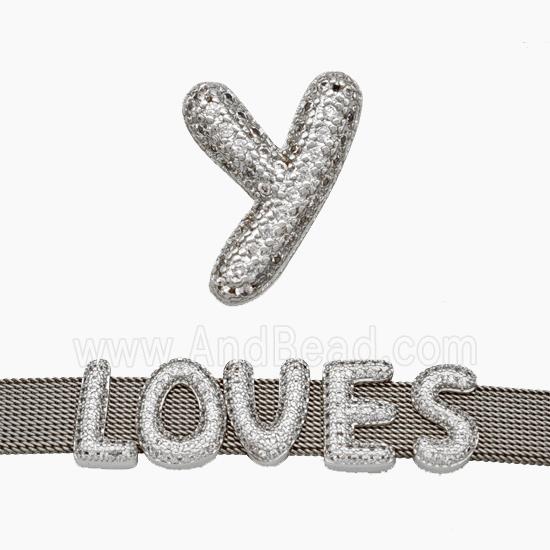 Copper Watchband Beads Pave Zirconia Letter-Y Flat Hole Platinum Plated