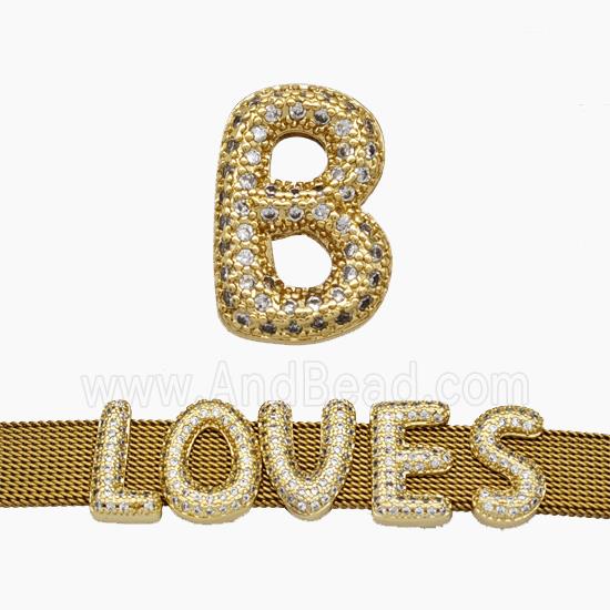 Copper Watchband Beads Pave Zirconia Letter-B Flat Hole Gold Plated