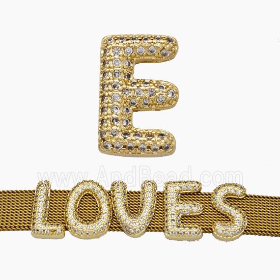 Copper Watchband Beads Pave Zirconia Letter-E Flat Hole Gold Plated