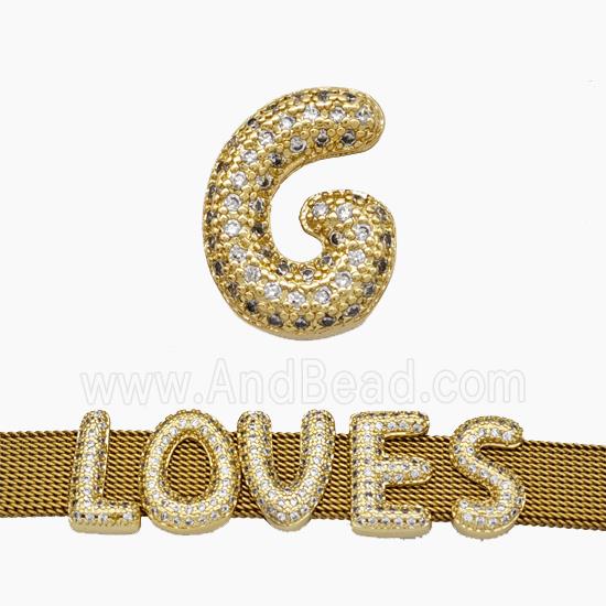Copper Watchband Beads Pave Zirconia Letter-G Flat Hole Gold Plated