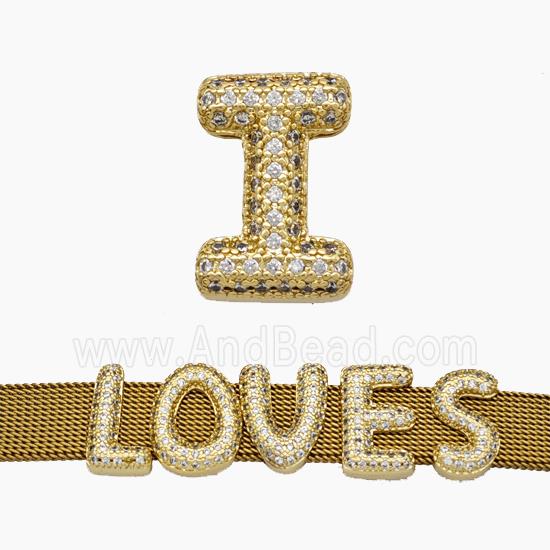Copper Watchband Beads Pave Zirconia Letter-I Flat Hole Gold Plated