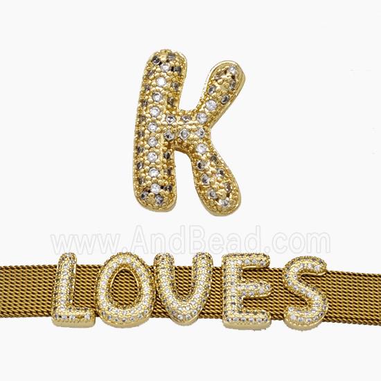 Copper Watchband Beads Pave Zirconia Letter-K Flat Hole Gold Plated