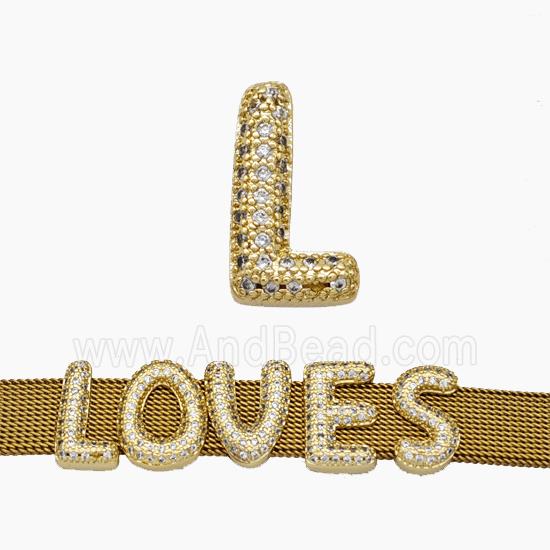 Copper Watchband Beads Pave Zirconia Letter-L Flat Hole Gold Plated