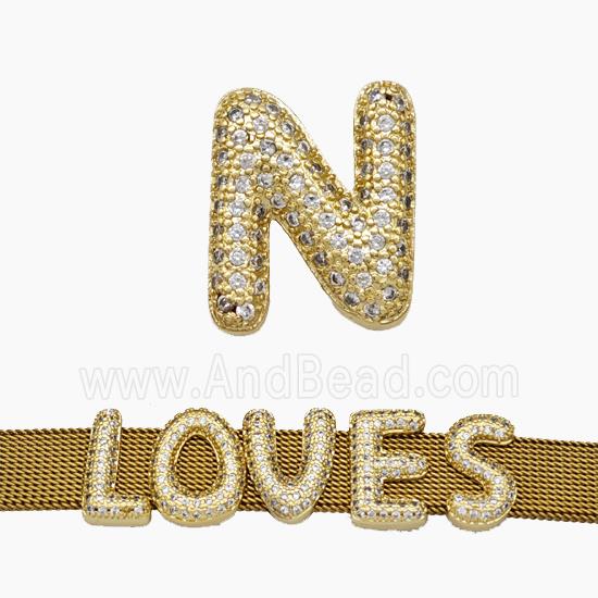 Copper Watchband Beads Pave Zirconia Letter-N Flat Hole Gold Plated