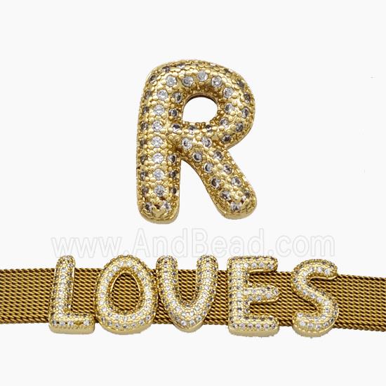 Copper Watchband Beads Pave Zirconia Letter-R Flat Hole Gold Plated