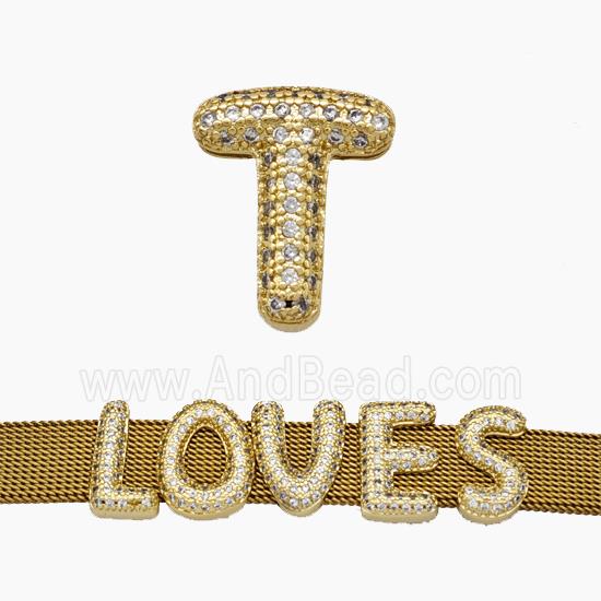 Copper Watchband Beads Pave Zirconia Letter-T Flat Hole Gold Plated