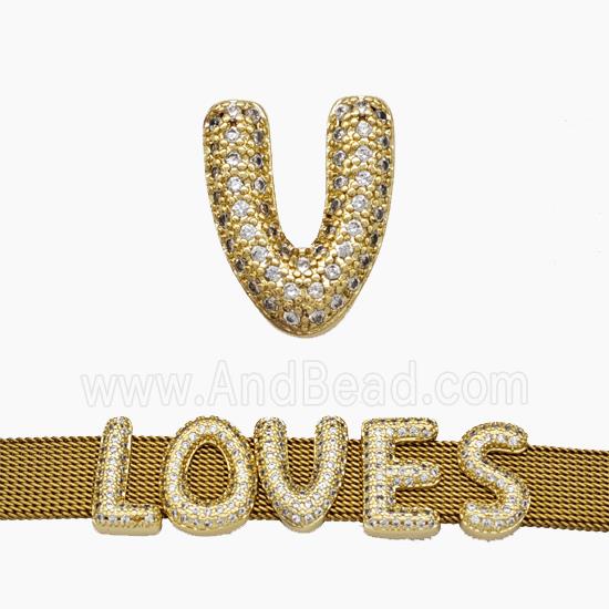 Copper Watchband Beads Pave Zirconia Letter-V Flat Hole Gold Plated