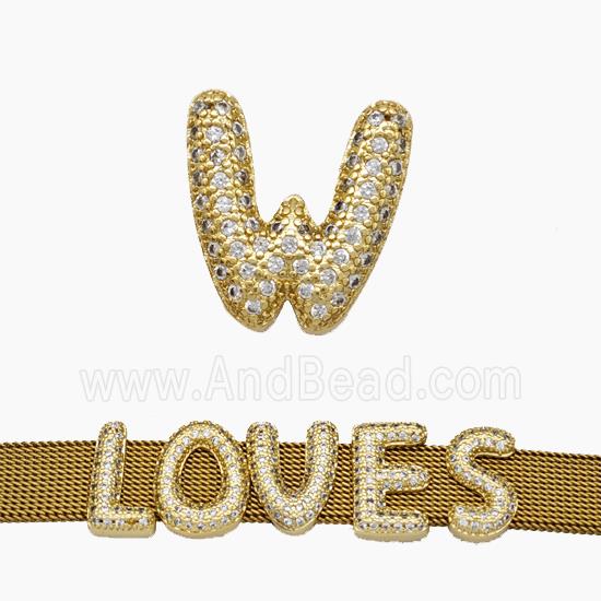 Copper Watchband Beads Pave Zirconia Letter-W Flat Hole Gold Plated