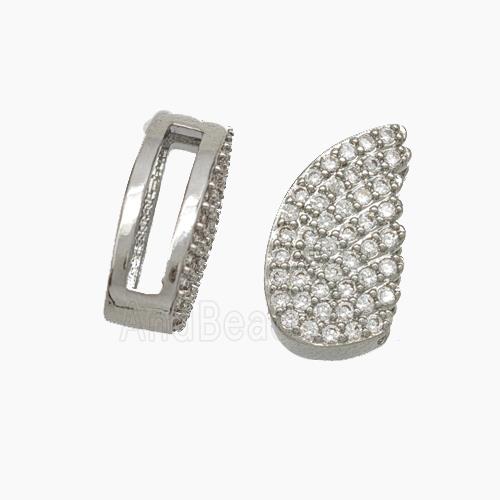 Copper Watchband Beads Pave Zirconia Angel Wings Flat Hole Platinum Plated