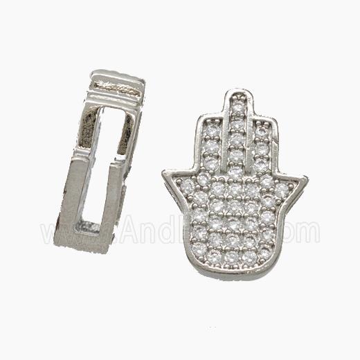 Copper Watchband Beads Pave Zirconia Hamsahand Flat Hole Platinum Plated