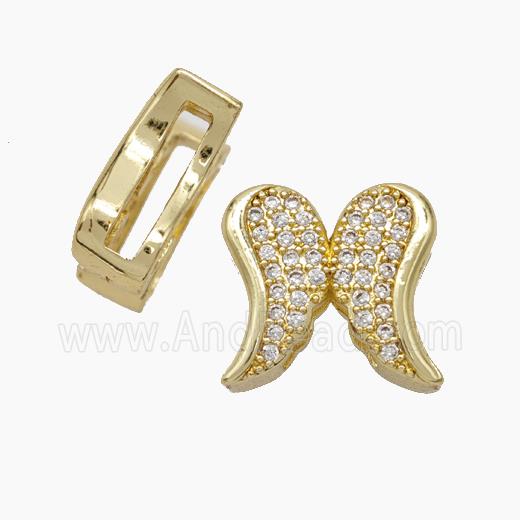 Copper Watchband Beads Pave Zirconia Angel Wings Flat Hole Gold Plated