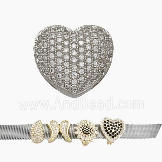 Copper Watchband Beads Pave Zirconia Heart Flat Hole Platinum Plated