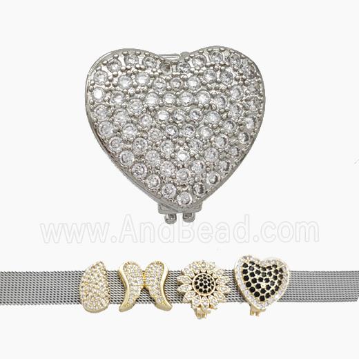 Copper Watchband Beads Pave Zirconia Heart Flat Hole Platinum Plated