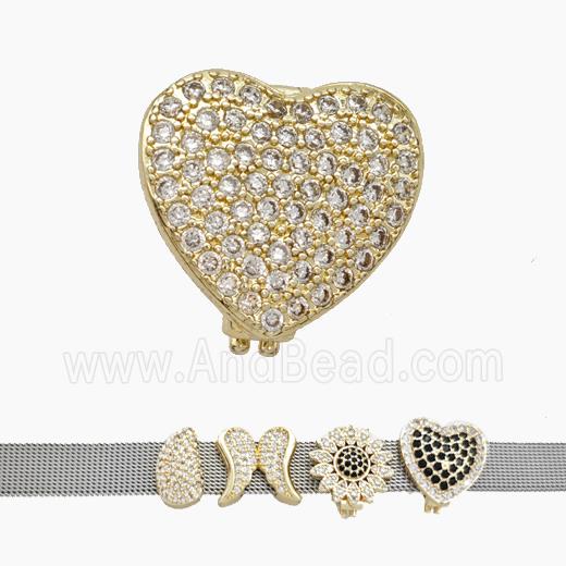 Copper Watchband Beads Pave Zirconia Heart Flat Hole Gold Plated
