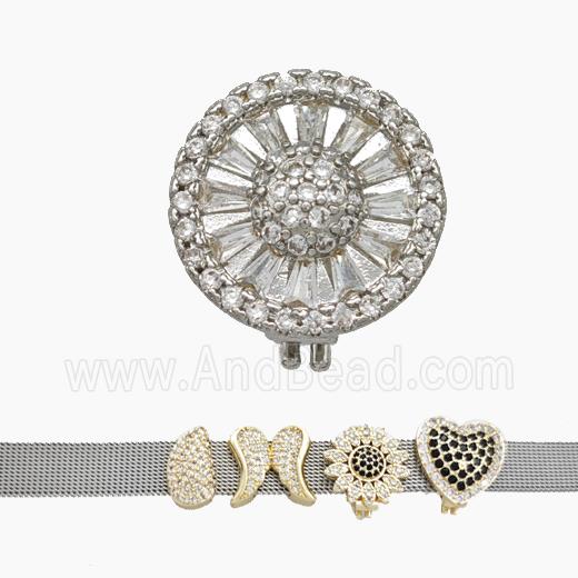 Copper Watchband Beads Pave Zirconia Flower Flat Hole Platinum Plated