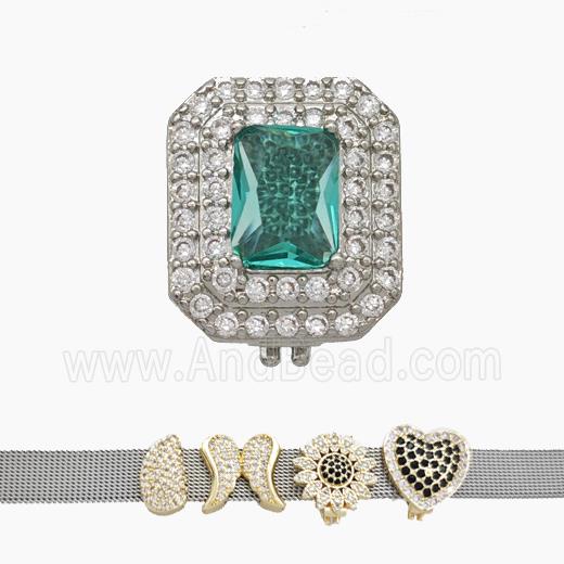 Copper Watchband Beads Pave Zirconia Rectangle Flat Hole Platinum Plated