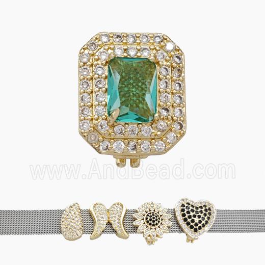Copper Watchband Beads Pave Zirconia Rectangle Flat Hole Gold Plated