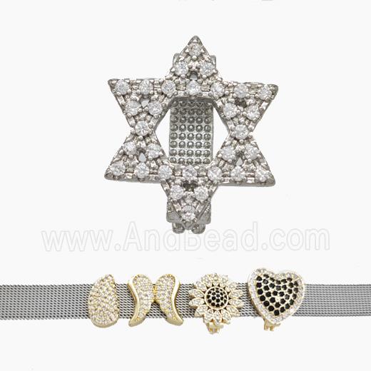Copper Watchband Beads Pave Zirconia David Star Flat Hole Platinum Plated