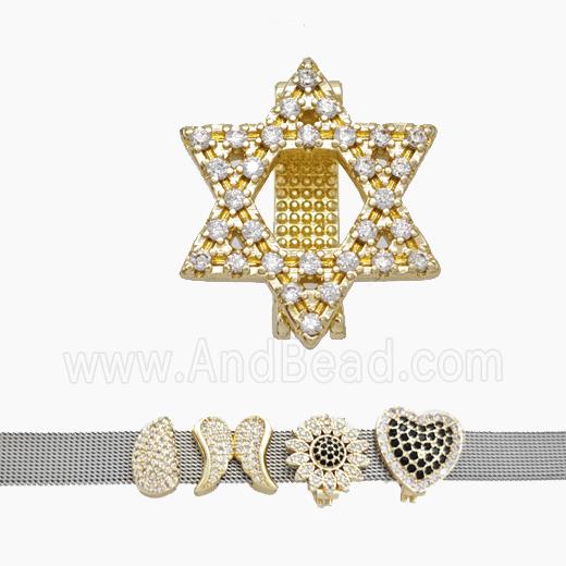 Copper Watchband Beads Pave Zirconia David Star Flat Hole Gold Plated