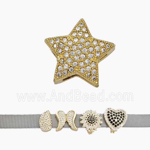 Copper Watchband Beads Pave Zirconia Star Flat Hole Gold Plated