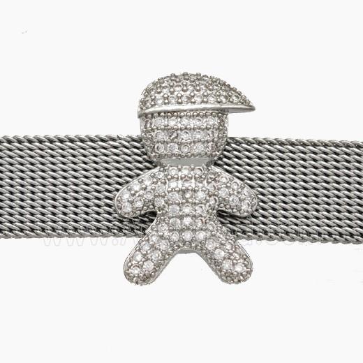 Copper Watchband Beads Pave Zirconia Kids Boy Flat Hole Platinum Plated