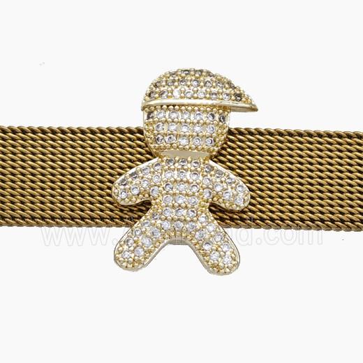 Copper Watchband Beads Pave Zirconia Kids Boy Flat Hole Gold Plated