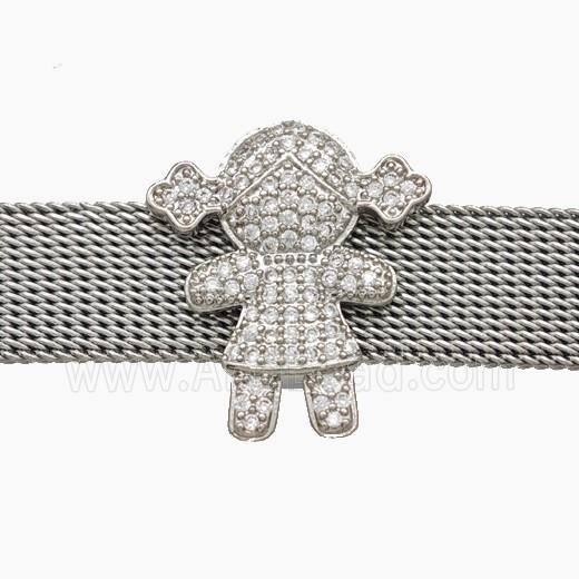 Copper Watchband Beads Pave Zirconia Kids Girls Flat Hole Platinum Plated