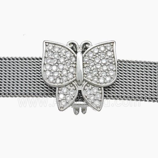 Copper Watchband Beads Pave Zirconia Butterfly Flat Hole Platinum Plated