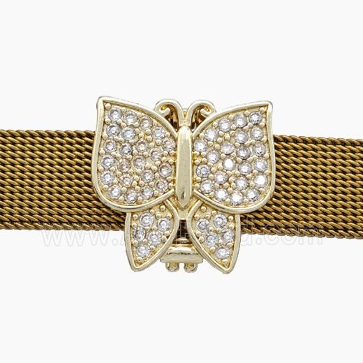Copper Watchband Beads Pave Zirconia Butterfly Flat Hole Gold Plated