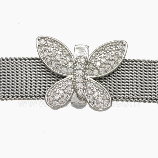 Copper Watchband Beads Pave Zirconia Butterfly Flat Hole Platinum Plated