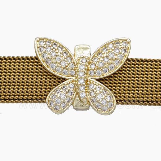 Copper Watchband Beads Pave Zirconia Butterfly Flat Hole Gold Plated